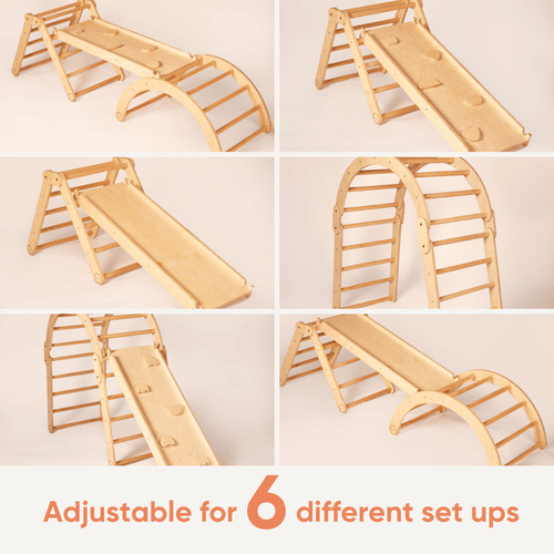 Playfull transformable wooden Pikler triangle set with ramp and climbing arch