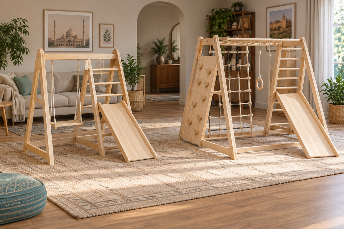 Two generic wooden indoor jungle gym layouts compared in a warm family room