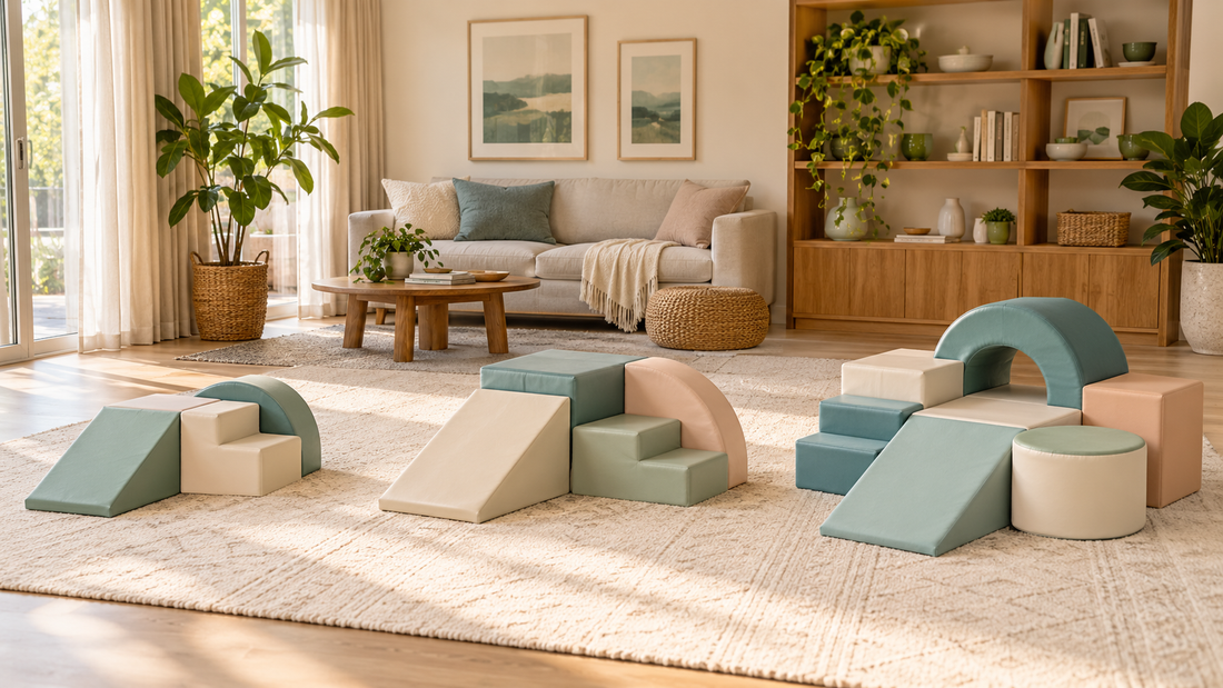 Three modular soft play layouts in a warm family room with natural wood and muted teal accents