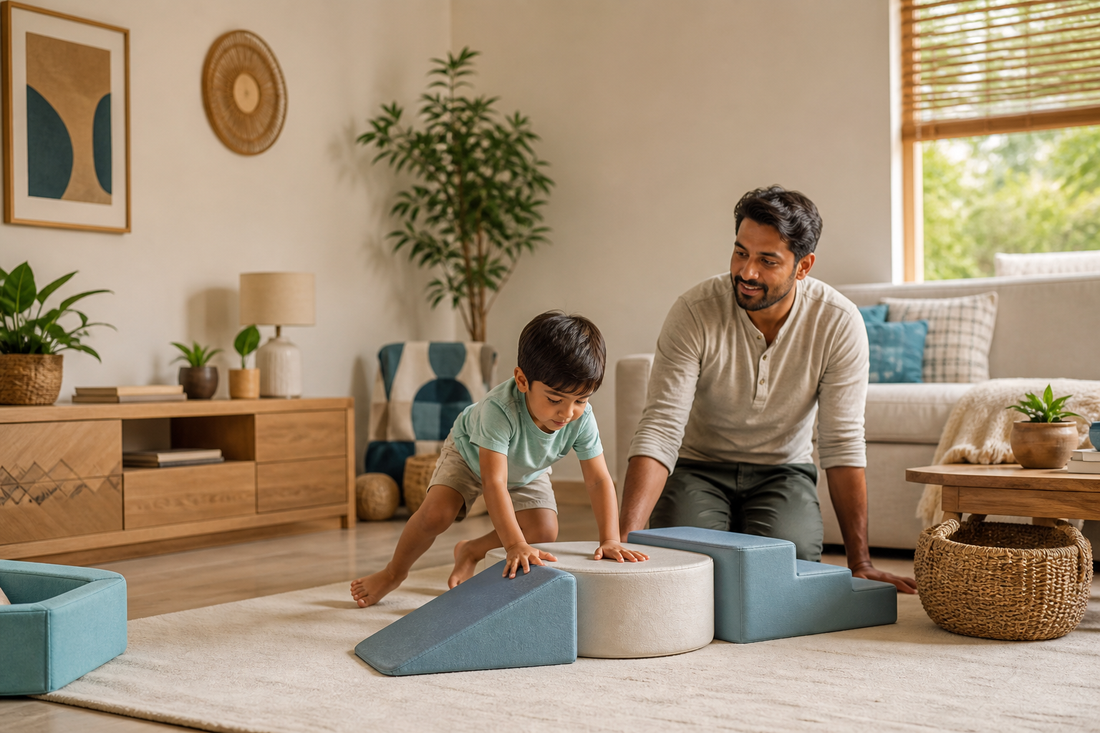 A compact family room arranged with a safe indoor active play corner
