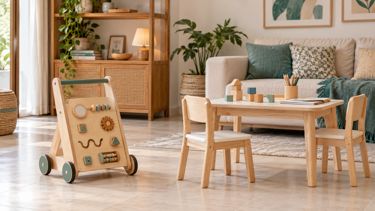 A natural wood activity walker beside a child-sized activity table and chairs in a warm family room