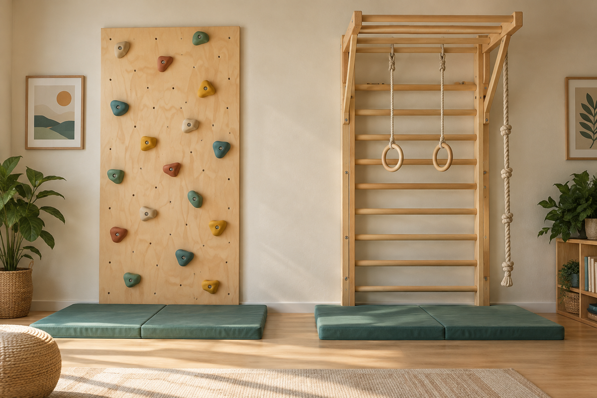 Wooden climbing wall and wall-mounted jungle gym shown side by side with teal landing mats