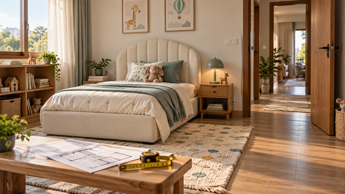 A warm children's bedroom prepared for a custom upholstered bed order with a floor plan and measuring tape