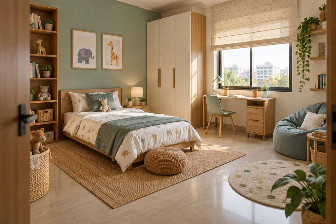 A thoughtfully planned child’s bedroom with sleep, study, storage, reading and play zones in warm wood and muted teal