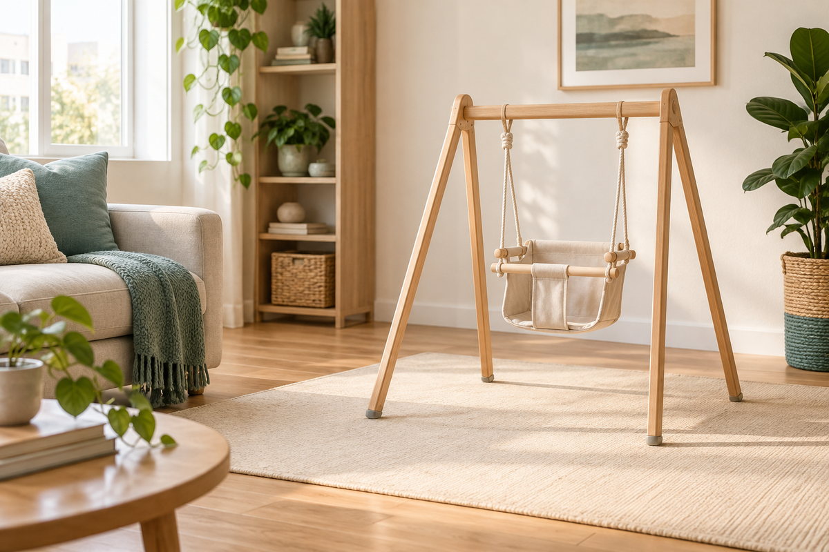 A calm family-room corner with a generic freestanding wooden baby swing, clear floor space and teal accents