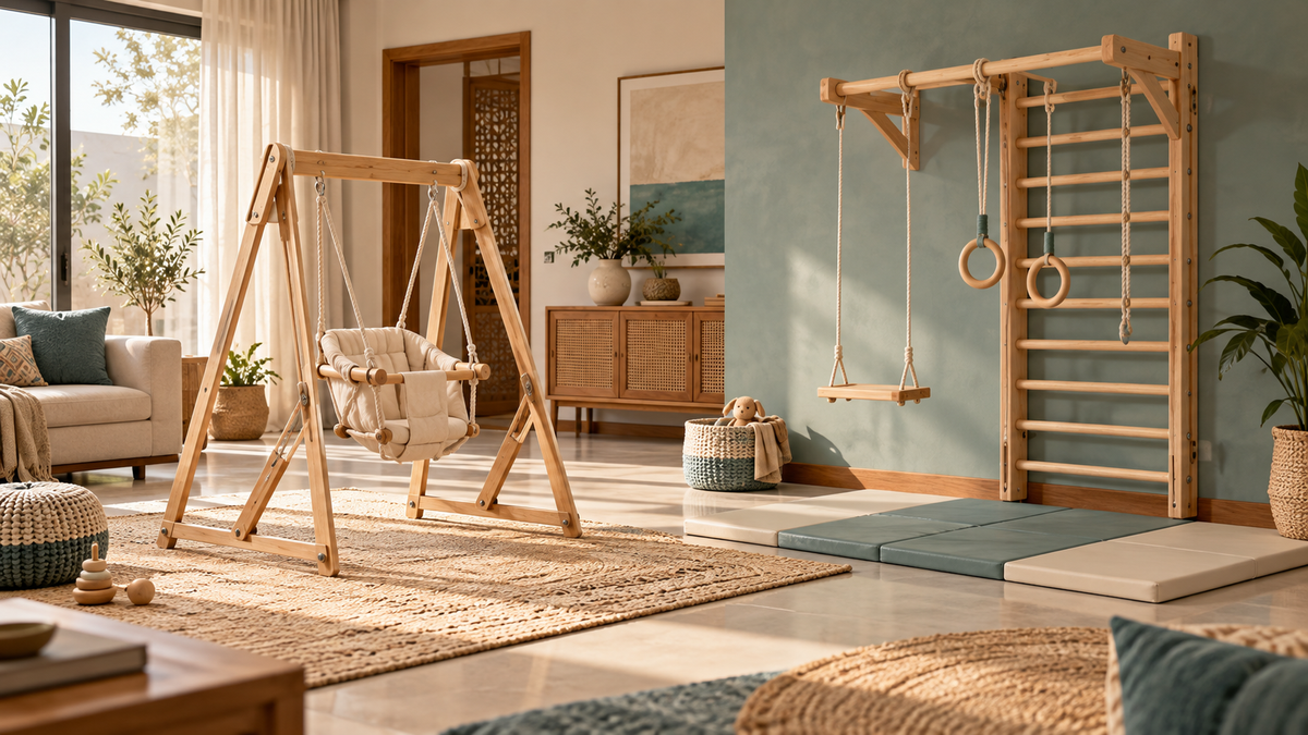 A warm family room comparing a freestanding wooden baby swing with a wall-mounted ladder, swing and rings
