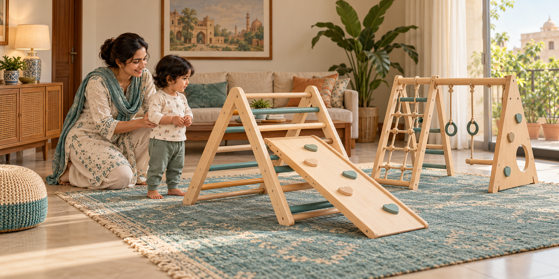 Parent supervising a toddler beside generic natural-wood indoor climbing equipment in a warm family room