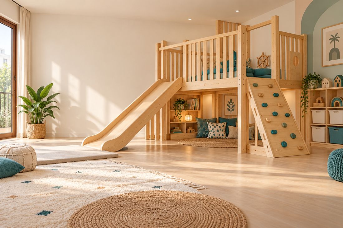 Natural-wood indoor play loft in a bright family playroom with clear activity space and teal accents
