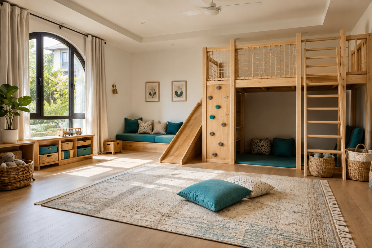 A calm, planned children's room with a generic natural-wood indoor play loft, clear floor space and teal accents