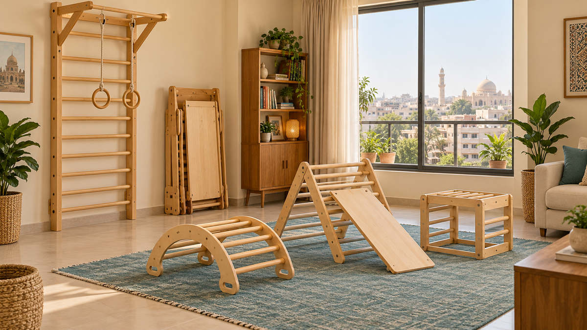 Generic wall-mounted, foldable and transformable wooden jungle gym options arranged in a compact apartment