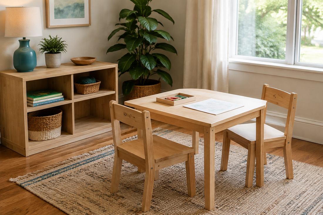 A calm small-home children’s activity corner with a generic natural-wood table, two chairs, books and teal accents