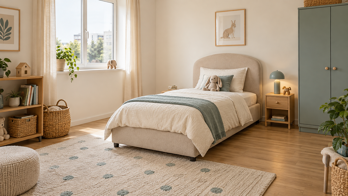 A calm small child’s bedroom with a generic upholstered bed, clear walking space and muted teal accents
