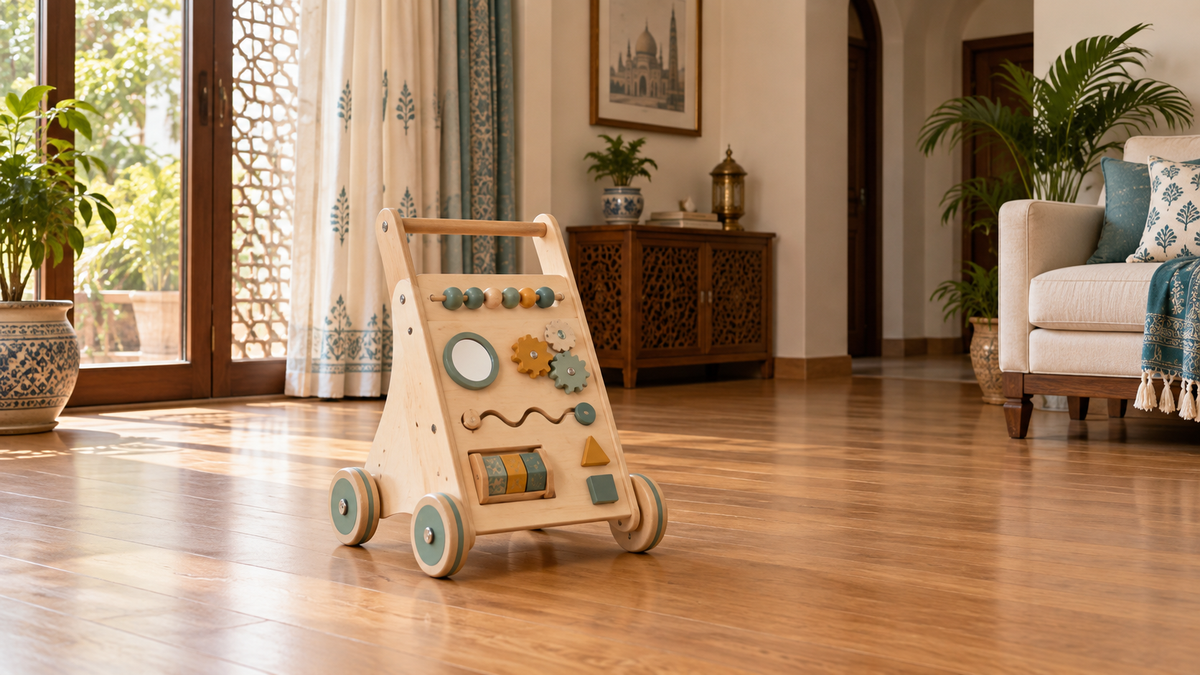 A generic natural-wood activity push walker on a clear flat floor in a warm home with muted teal accents