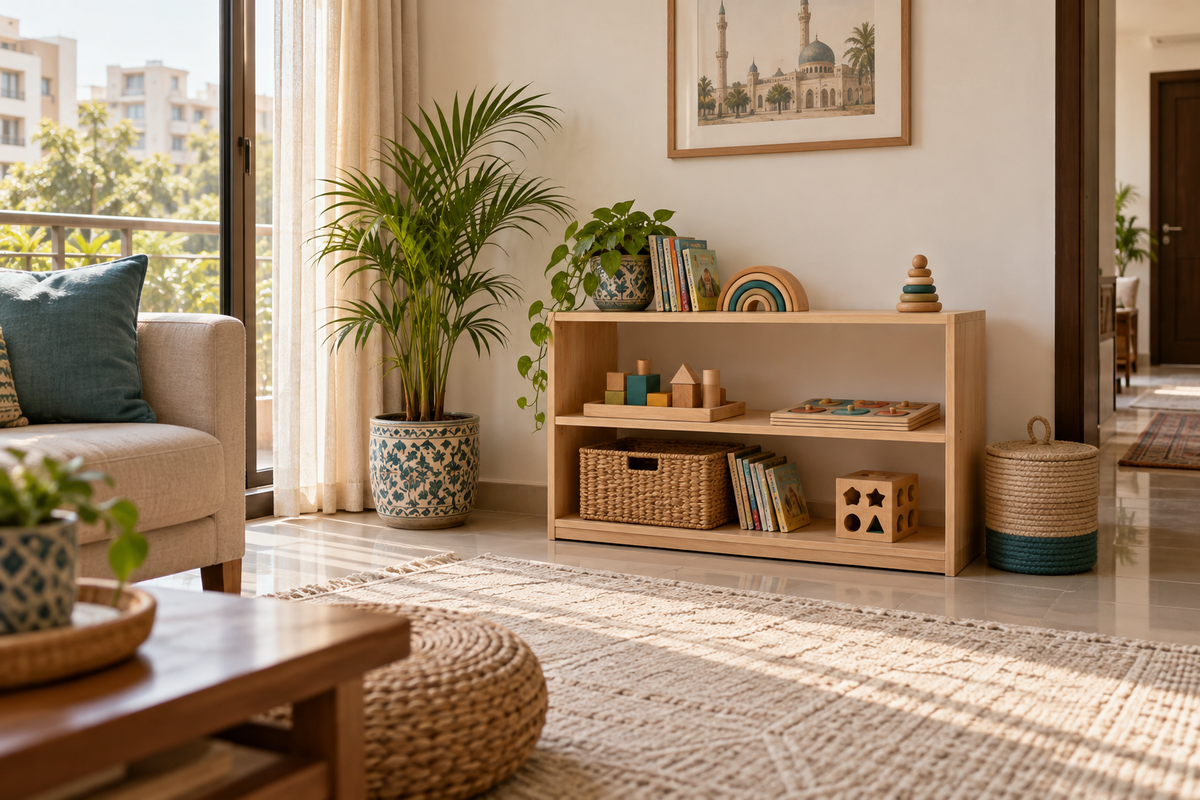 A low natural-wood toy shelf with books, blocks and baskets in a warm family room