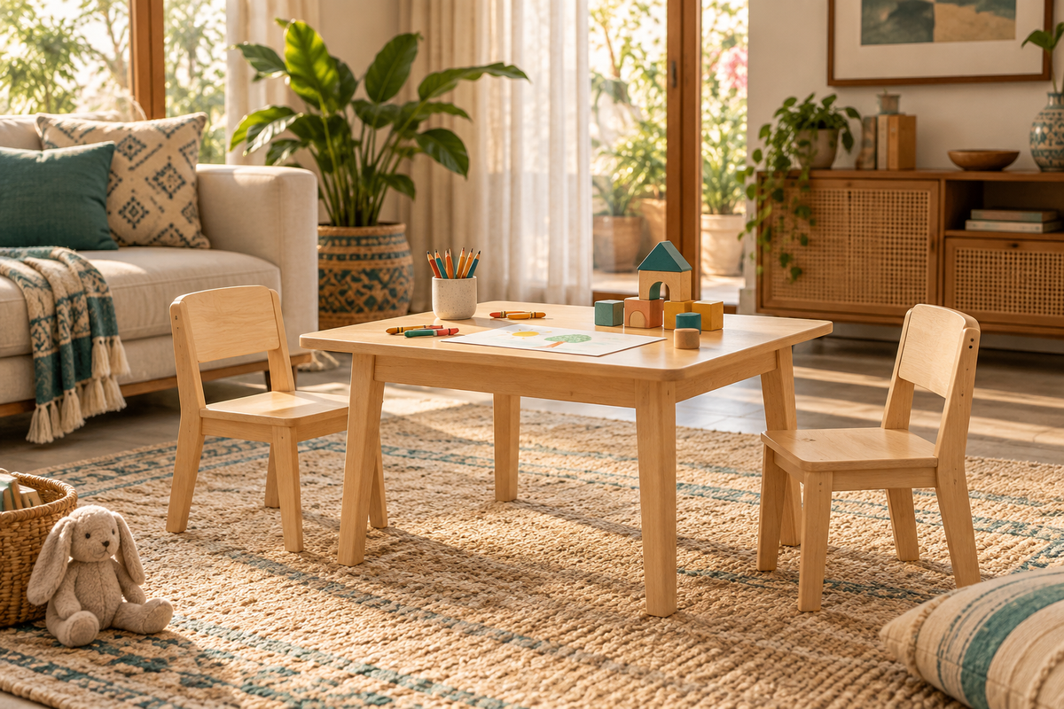 Natural wood kids activity table with two chairs in a warm family room with teal accents