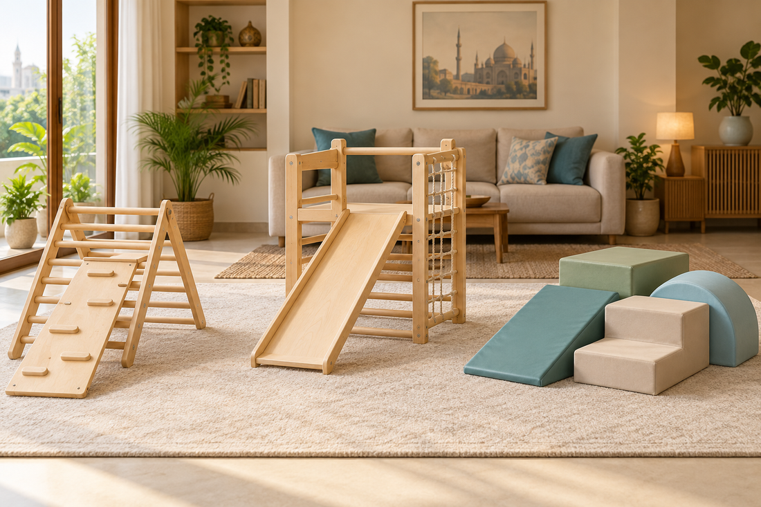 Generic Pikler triangle, compact wooden jungle gym and soft play blocks arranged in a warm family room