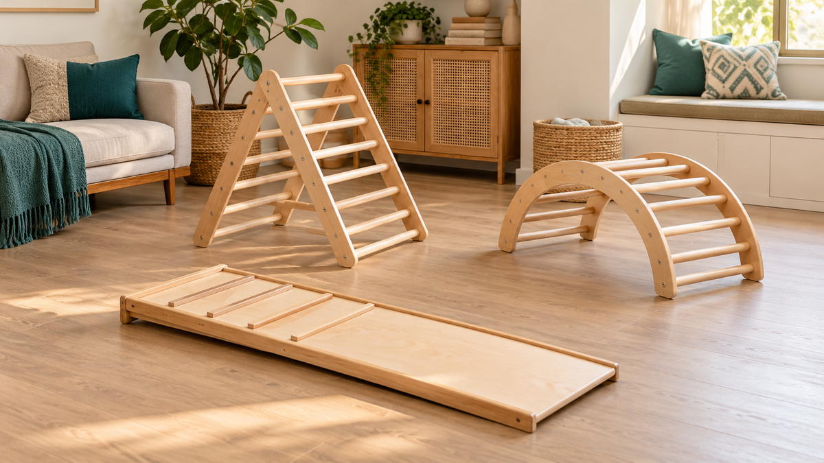 A natural wood climbing triangle, curved arch and reversible ramp arranged separately in a warm family room
