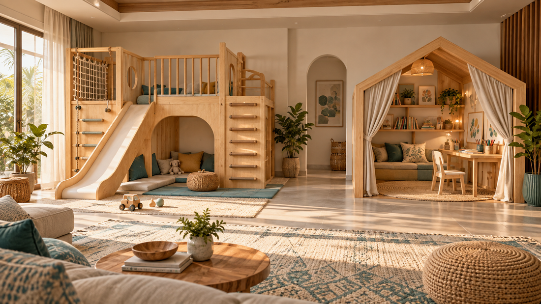 A warm family room comparing a natural-wood play loft with a calm house-shaped reading and art nook