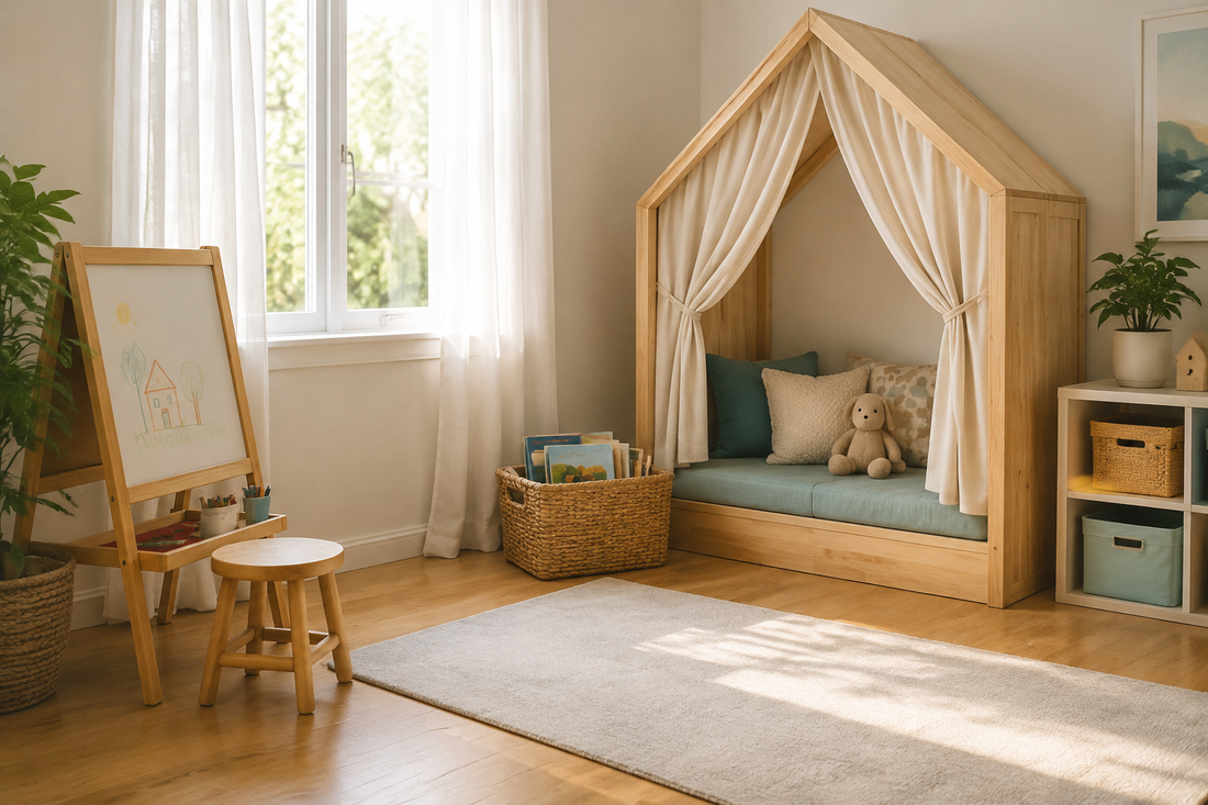 A calm small-home reading nook with a generic natural-wood playhouse, books, open curtains and teal accents