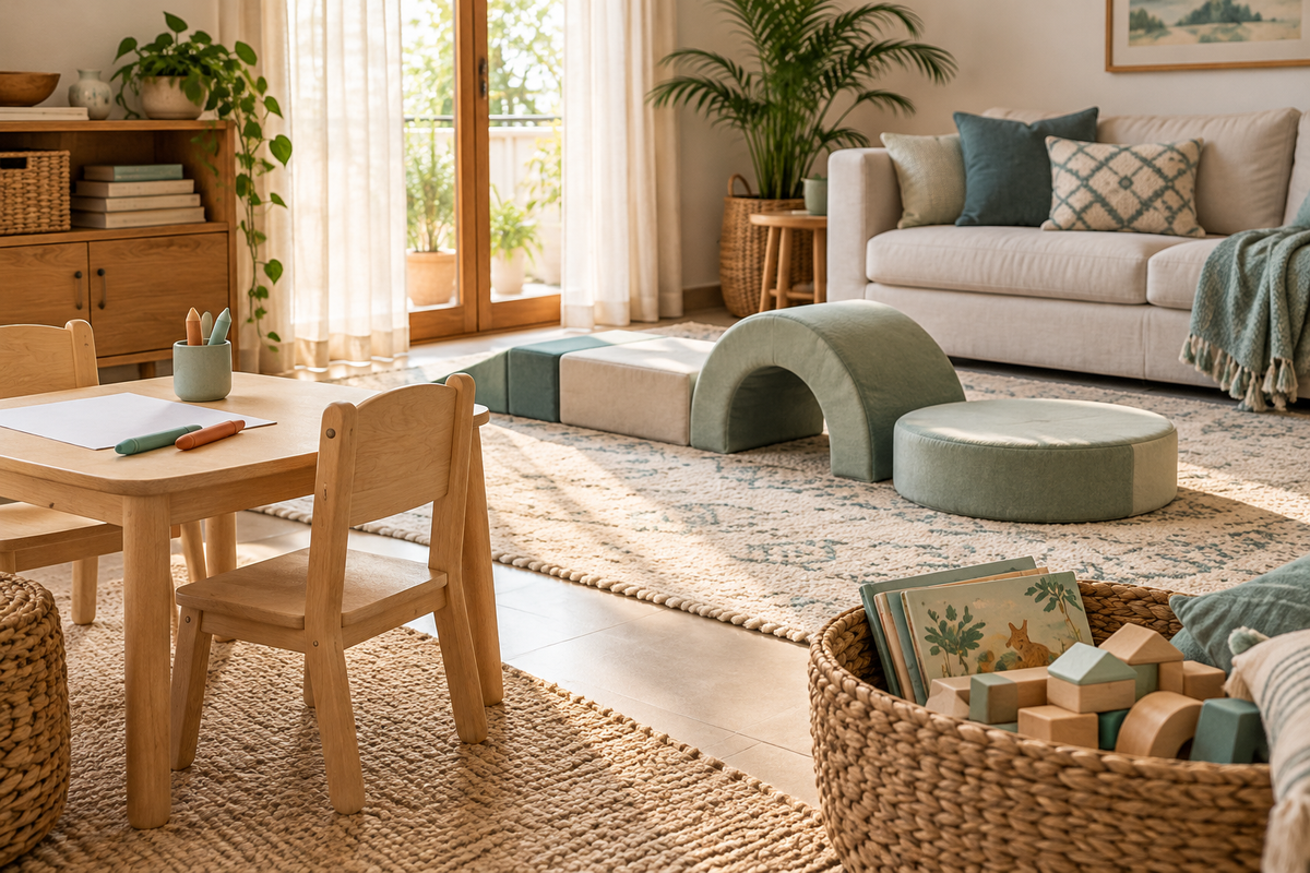 A calm screen-free play corner with an activity table, books, blocks and soft floor shapes