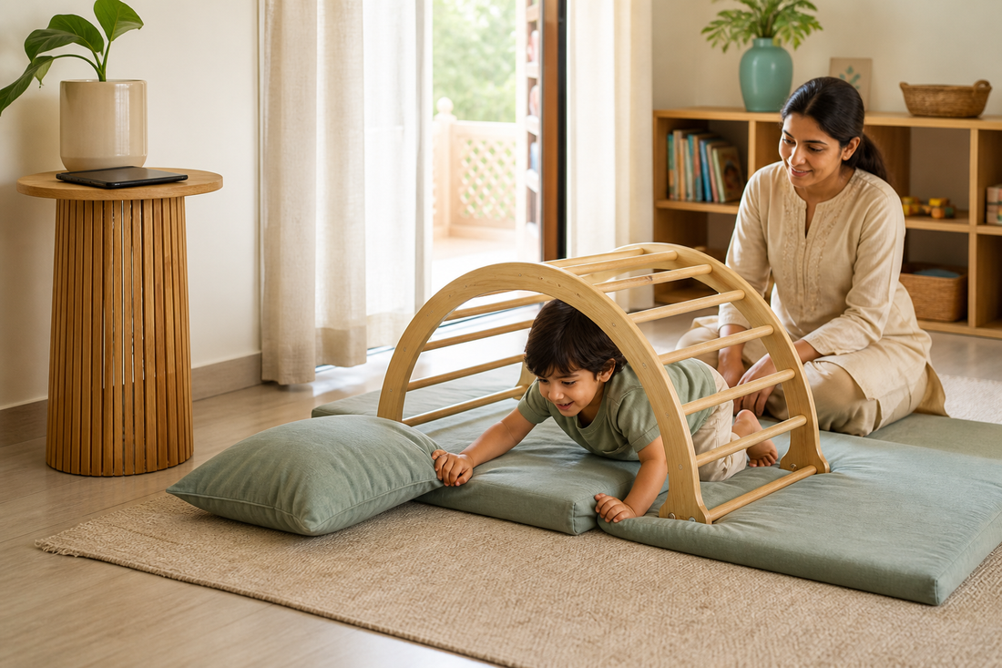 A child enjoying supervised active indoor play while a tablet is set aside
