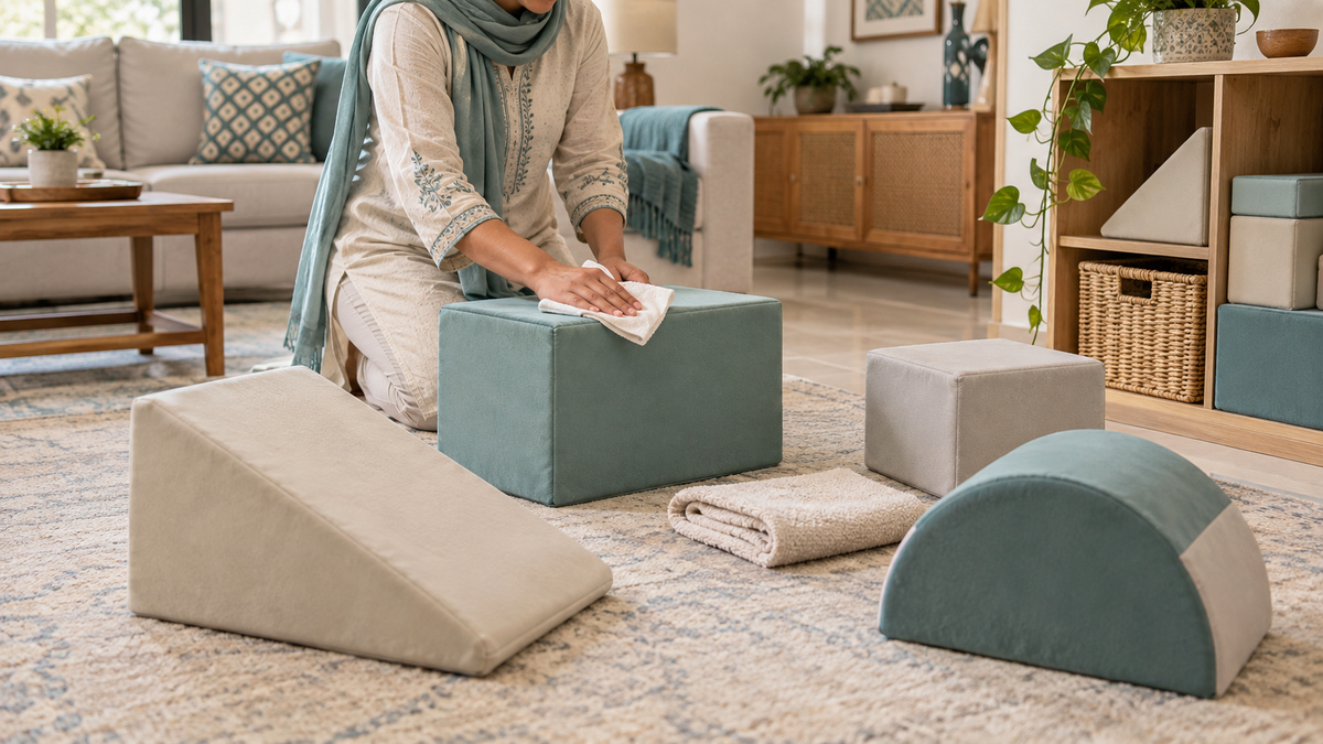 Soft play blocks being gently wiped and prepared for dry storage in a warm family room