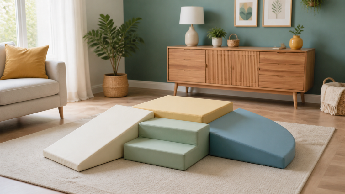 A calm home soft play corner with a low ramp, steps, platform and curved foam block