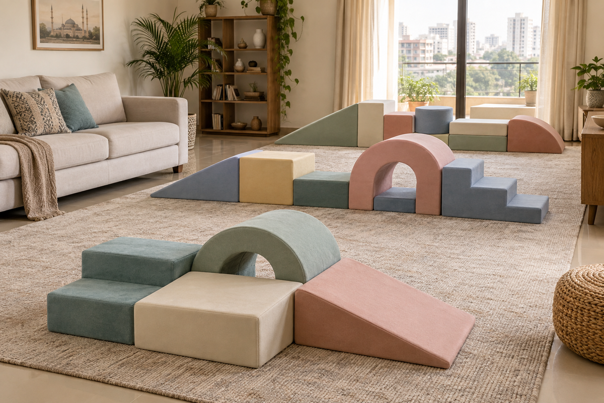 Three generic modular soft play layouts in a warm Pakistani apartment, illustrating compact, medium and larger configurations