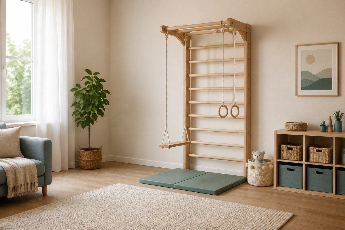 A calm compact home play zone with a generic wall-mounted wooden ladder, swing, rings, clear floor space and teal accents
