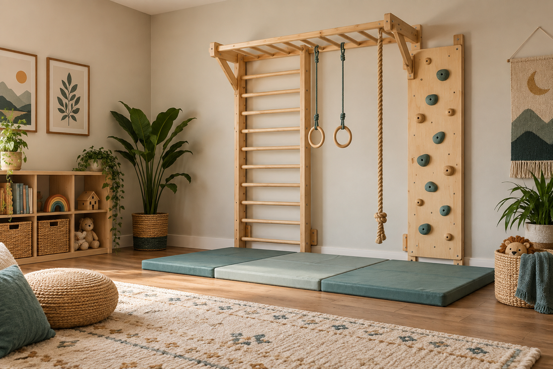 Natural wood wall-mounted jungle gym in a warm playroom with teal safety mats