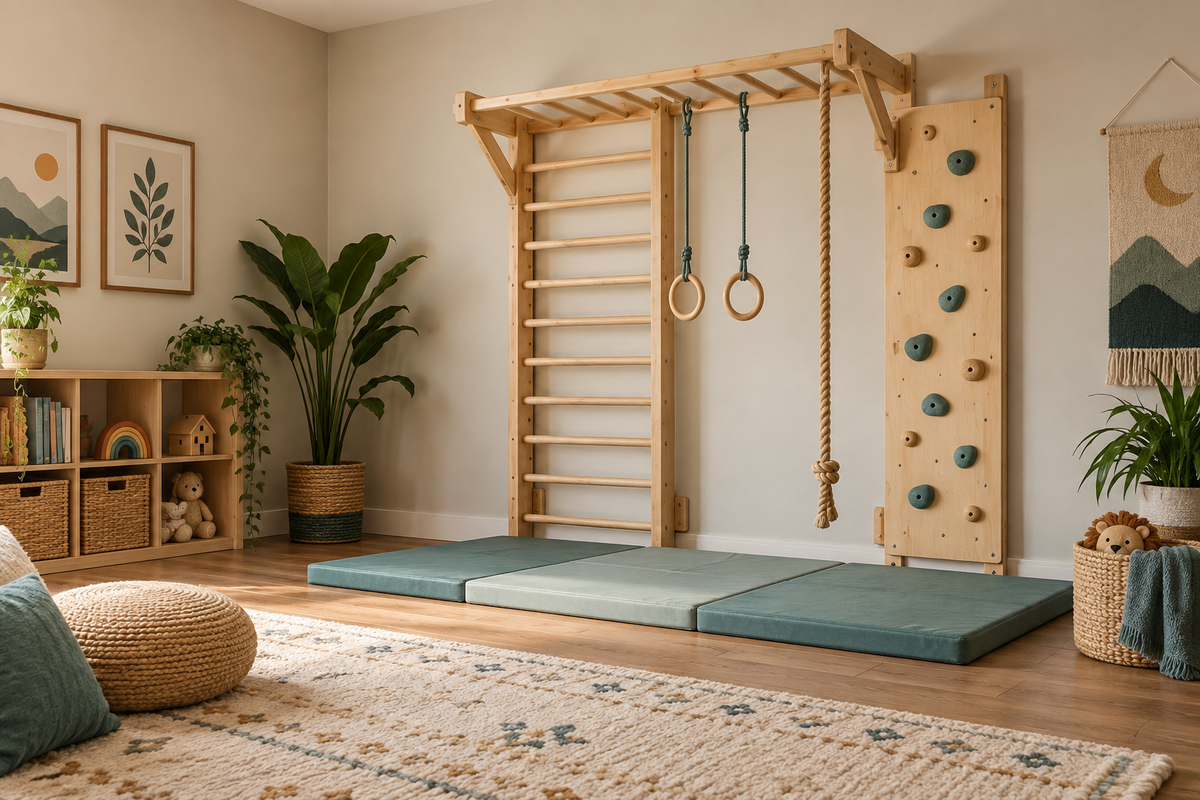 Natural wood wall-mounted jungle gym in a warm playroom with teal safety mats
