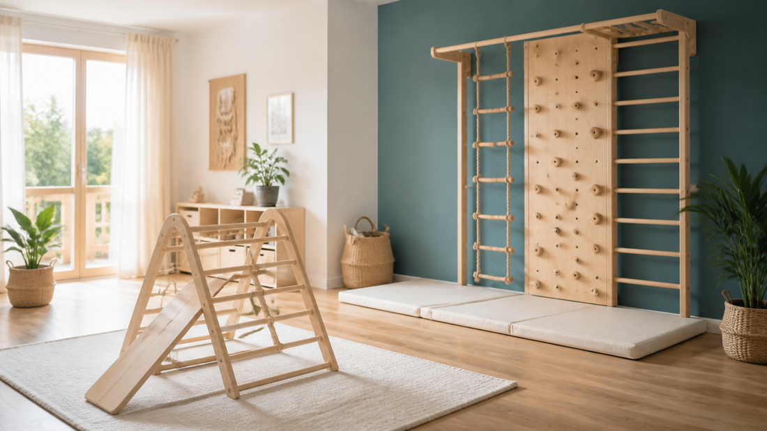 A bright indoor playroom comparing a wall-mounted climbing area with a compact freestanding wooden play frame