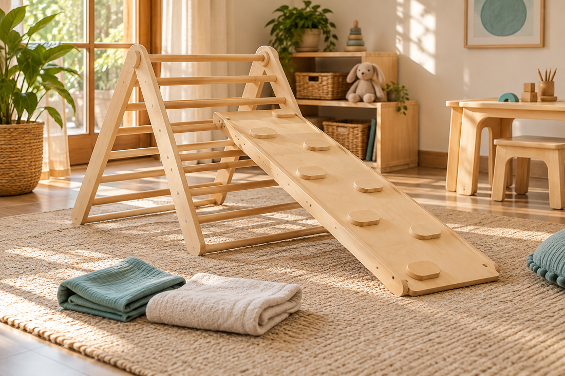 Natural wood indoor play equipment with soft cloths ready for a simple care routine