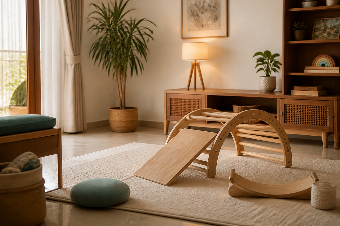 A warm indoor play space with natural wood play equipment