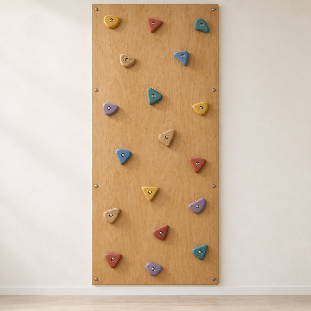 Playfull 8 by 4 ft wooden climbing wall with colourful painted wooden holds
