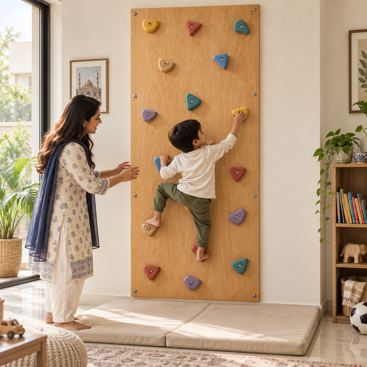 Pakistani child using the Playfull wooden climbing wall with adult supervision