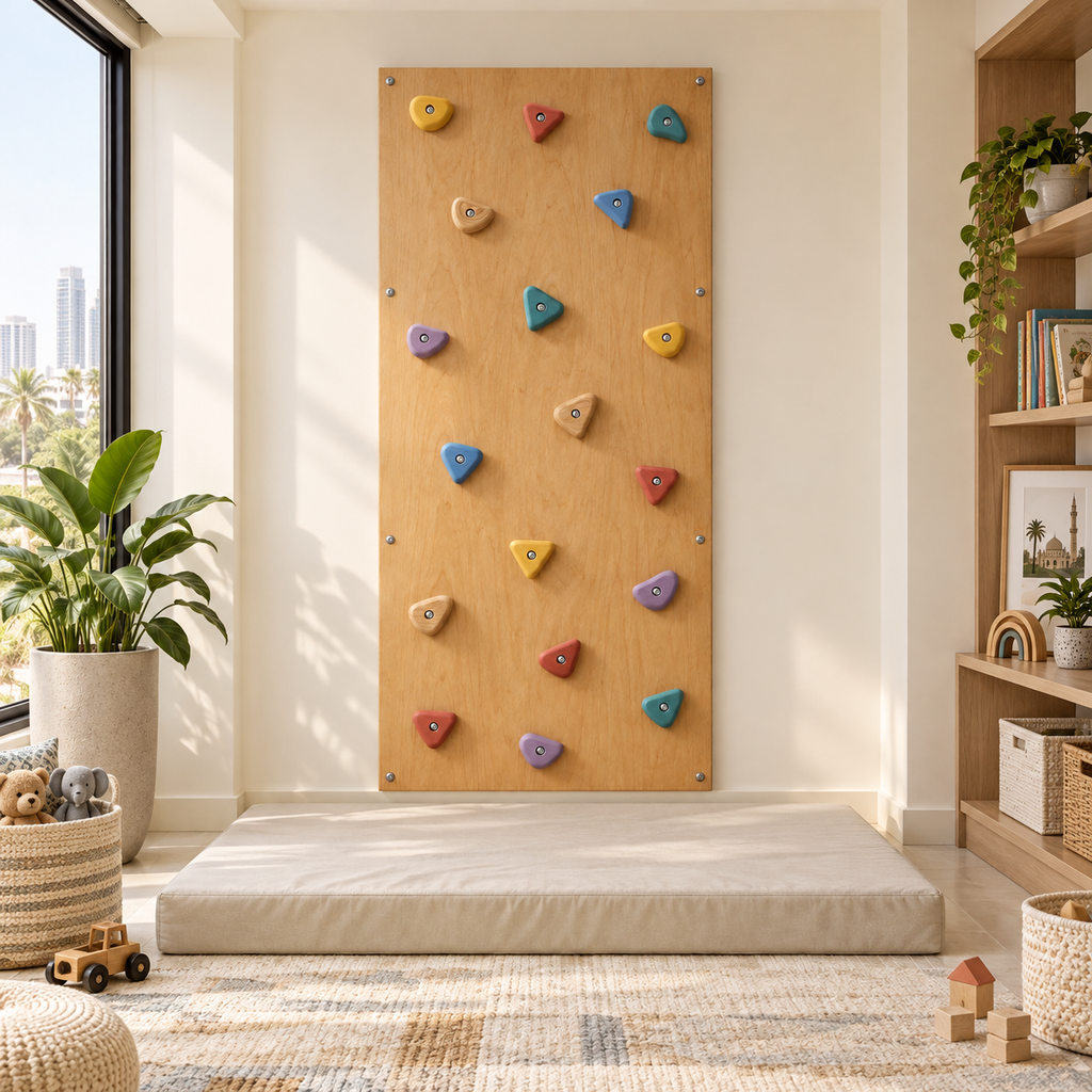 Eight-foot wooden climbing wall installed in a modern Pakistani playroom