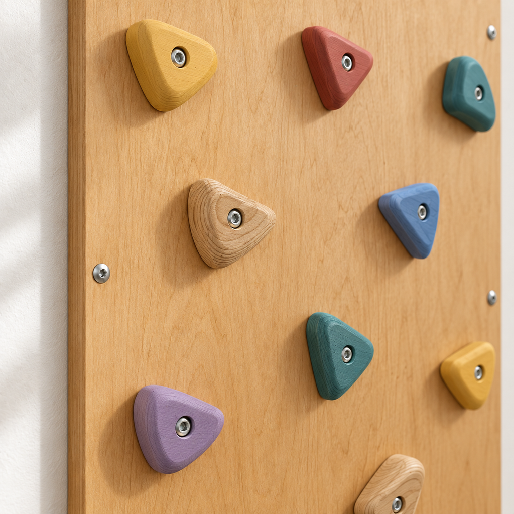 Close view of painted wooden climbing holds and secure wall-panel hardware
