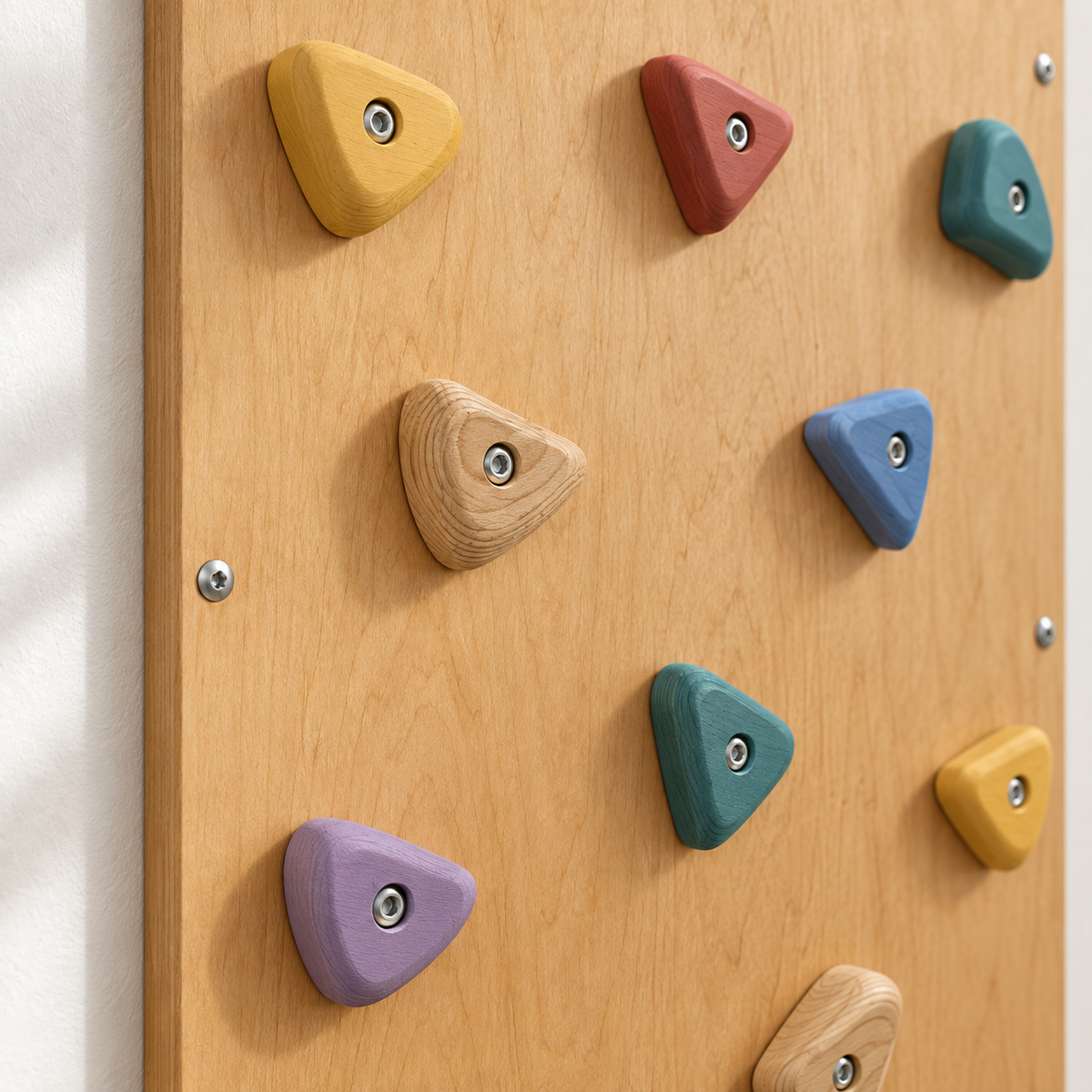Close view of painted wooden climbing holds and secure wall-panel hardware