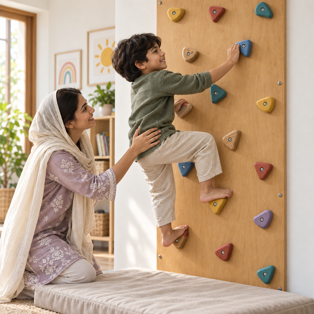Child climbing on wooden holds with a parent supervising beside a safety mat