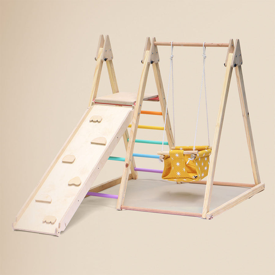 4-in-1 wooden jungle gym with slide swing and climbing panel