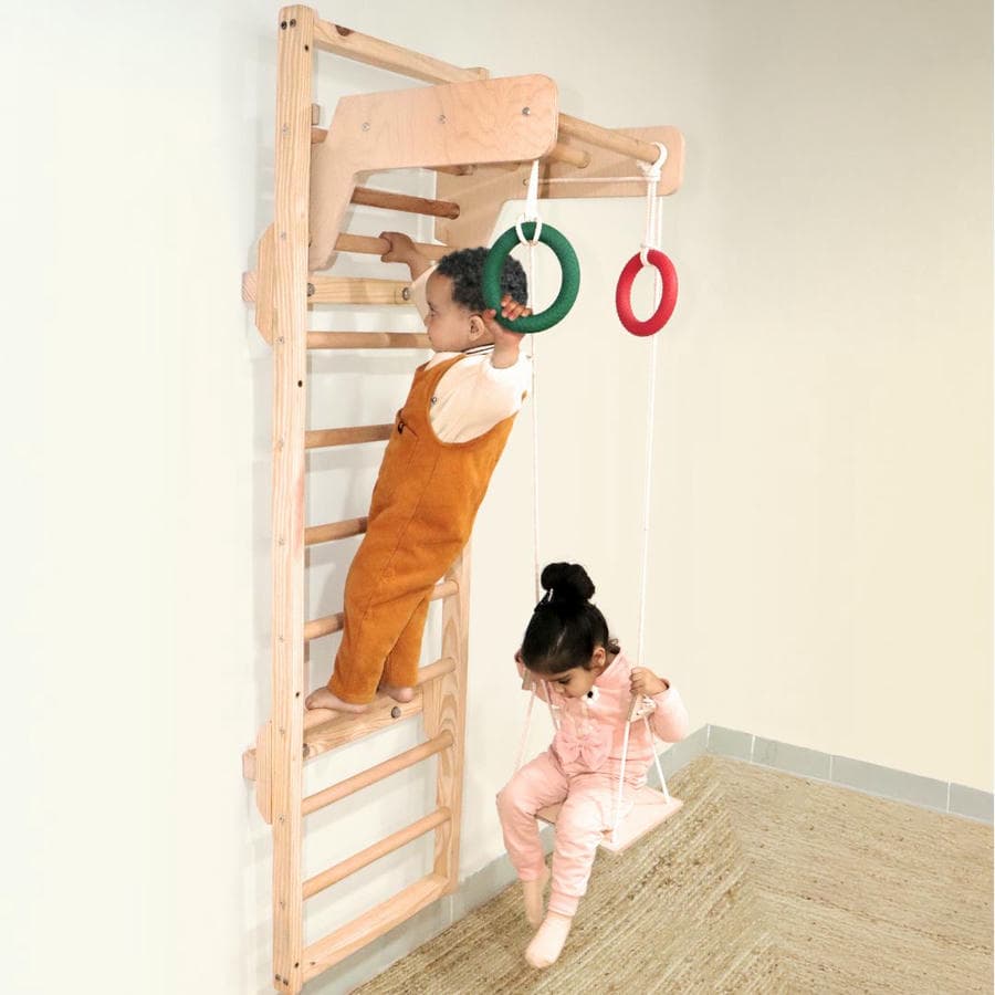 Indoor wooden wall ladder with swing and gymnastic rings