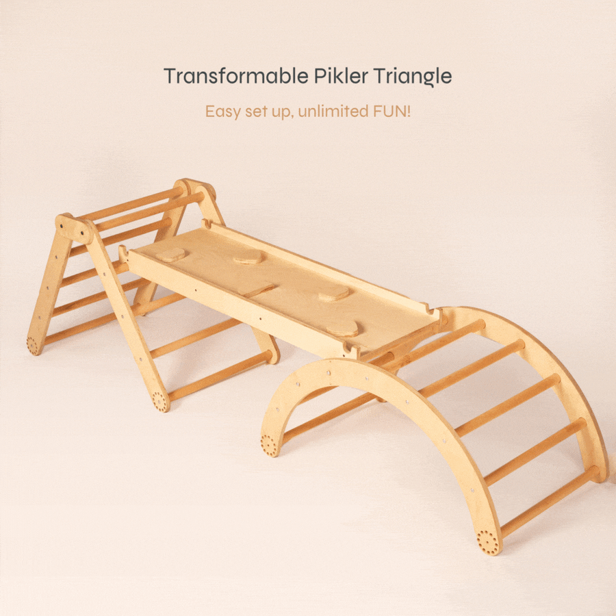 Transformable wooden Pikler triangle set with slide and arch