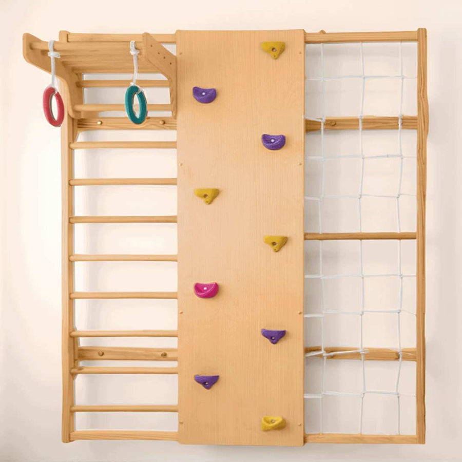 Playfull wall-mounted wooden jungle gym for children