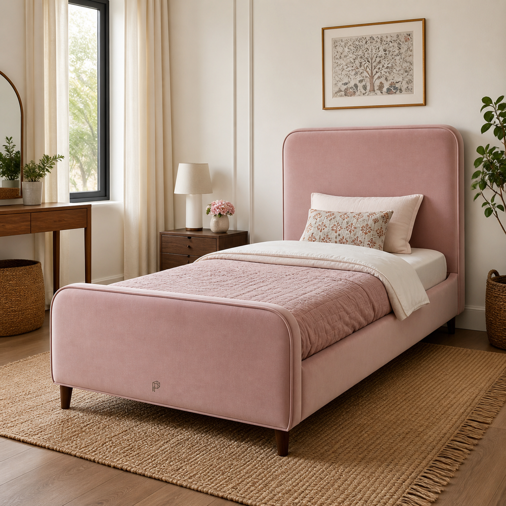 Playfull antique rose classic upholstered kids bed in a DHA-style room