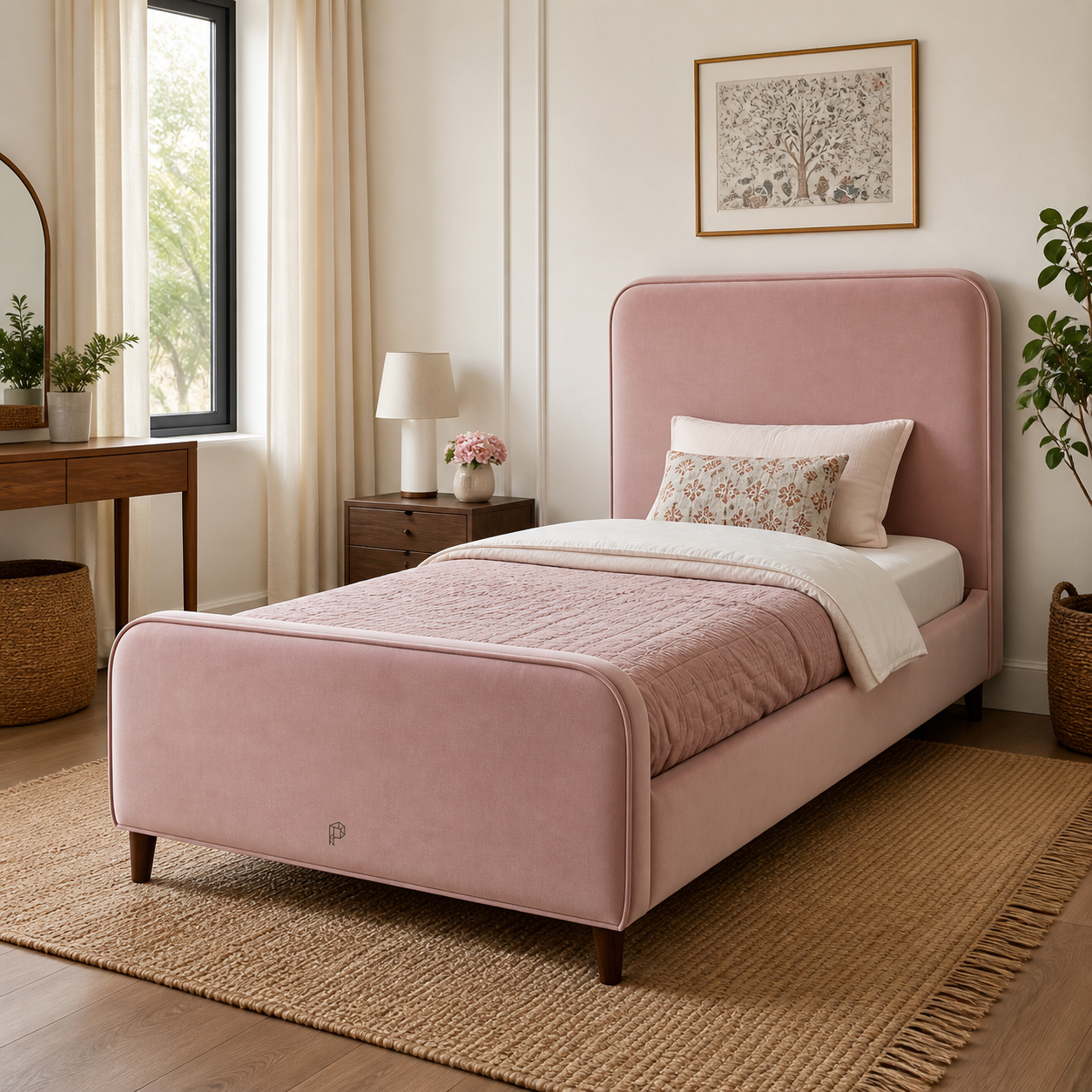 Playfull antique rose classic upholstered kids bed in a DHA-style room