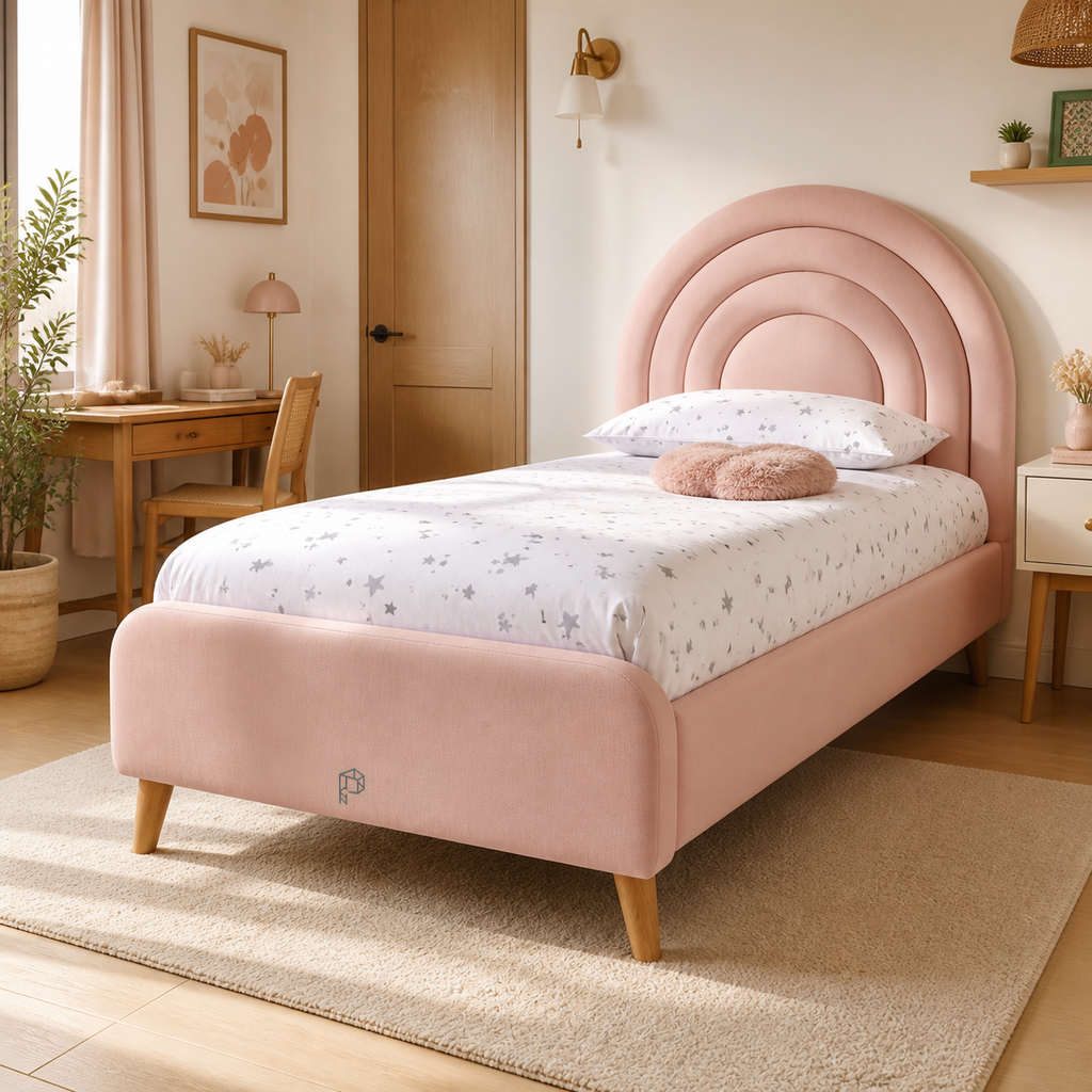 Playfull blush rainbow upholstered kids bed in a DHA-style bedroom