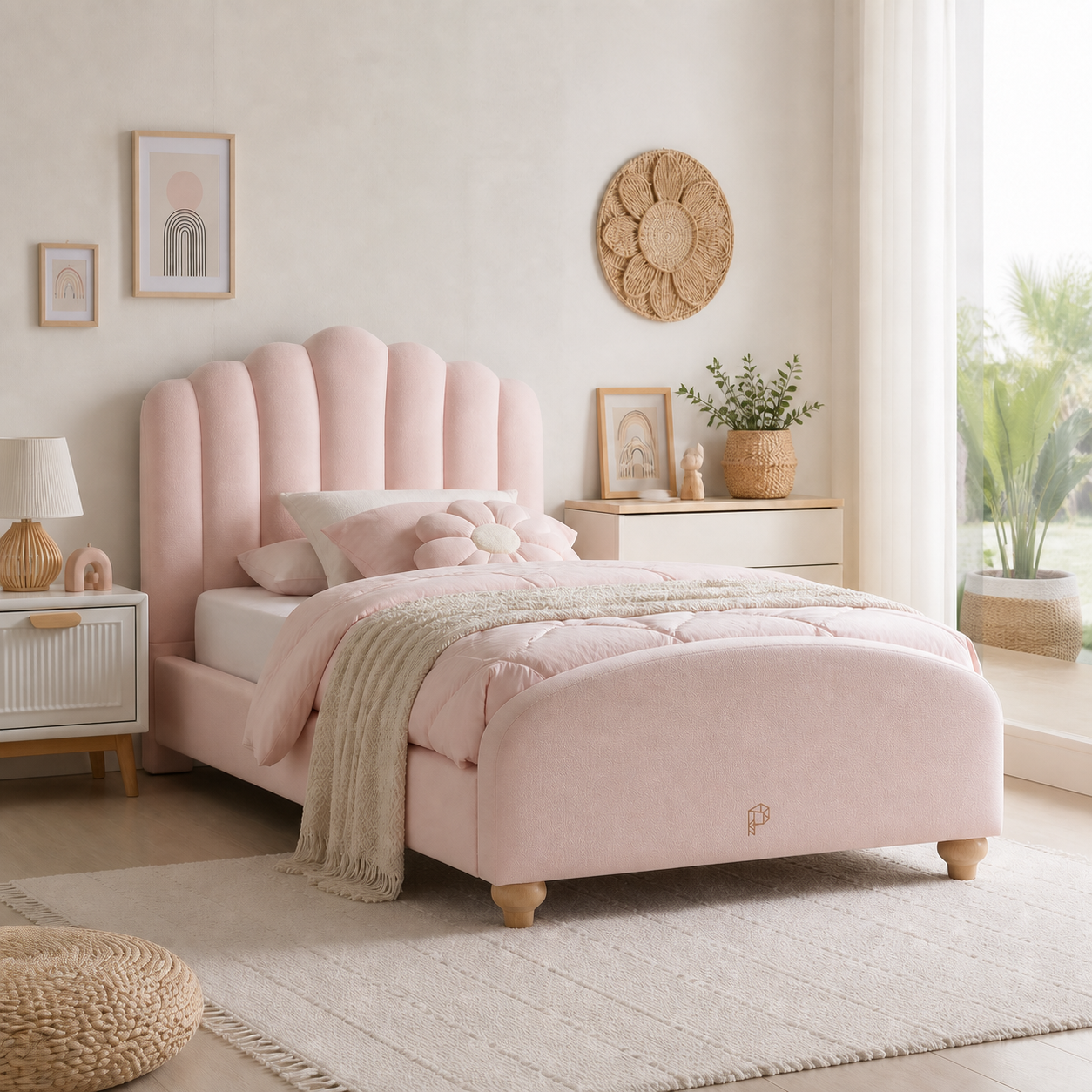 Playfull blush scalloped upholstered kids bed in a modern Pakistani home