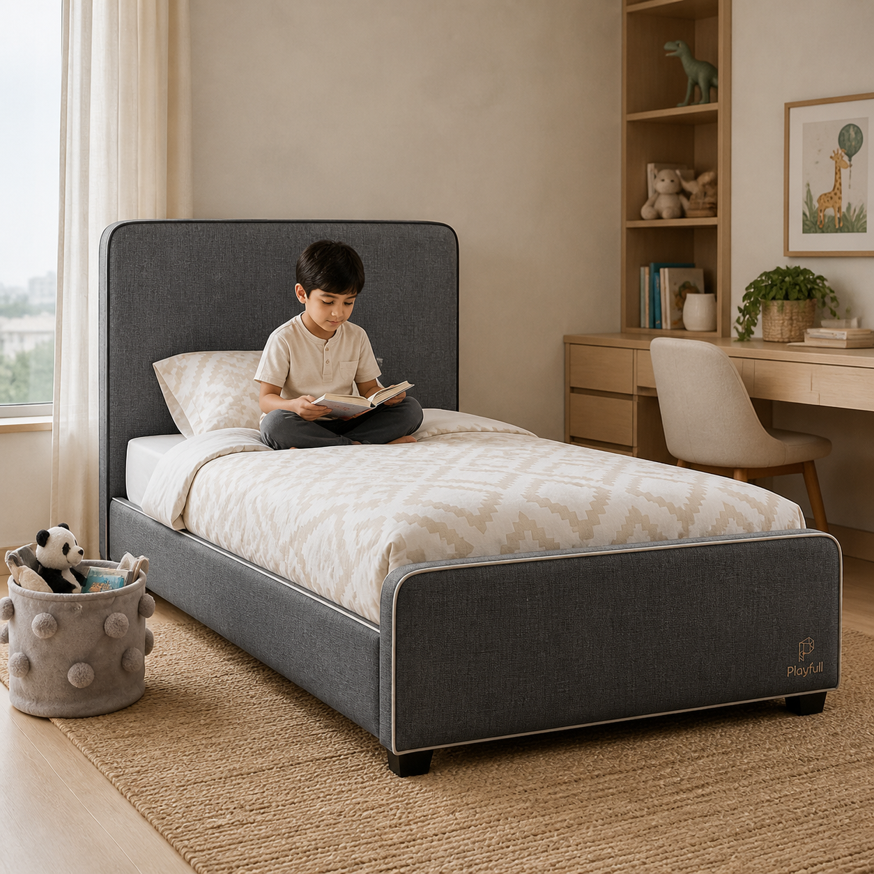Playfull charcoal classic upholstered kids bed with a Pakistani child reading