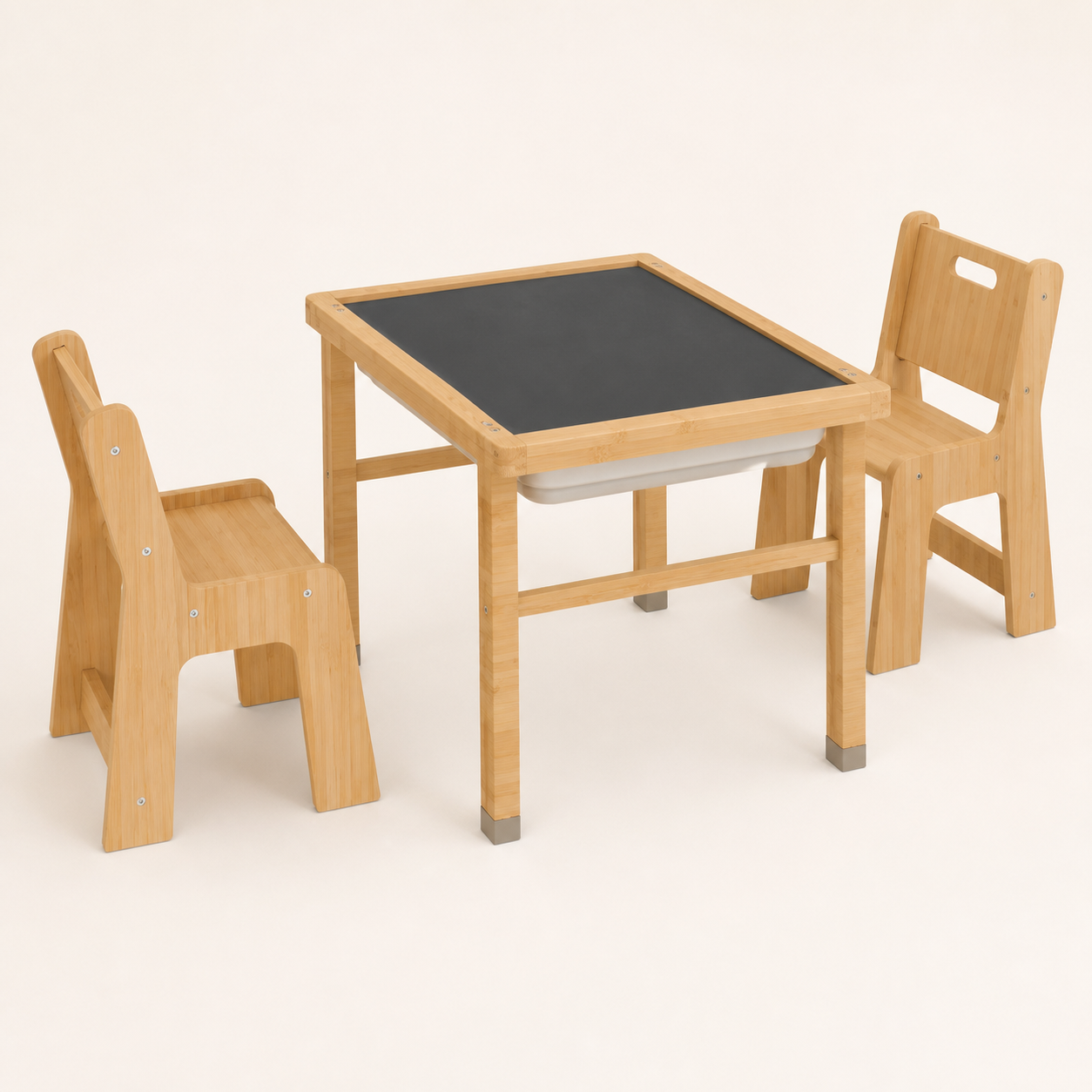 Playfull wooden kids activity table with chalkboard top and two chairs